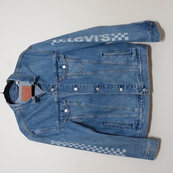 Levi’s Printed Sleeve Trucker denim Jacket Light Wash men L button down y2k - Picture 10 of 12